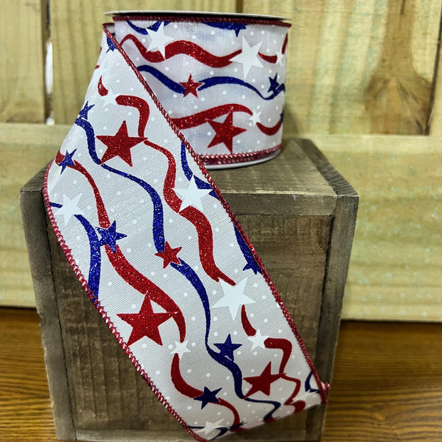 2.5" x 10Y patriotic stars and wavy stripe Wired Ribbon, wreath making supplies, Patriotic ribbon, RGA167327 - MBcraftssupplyco