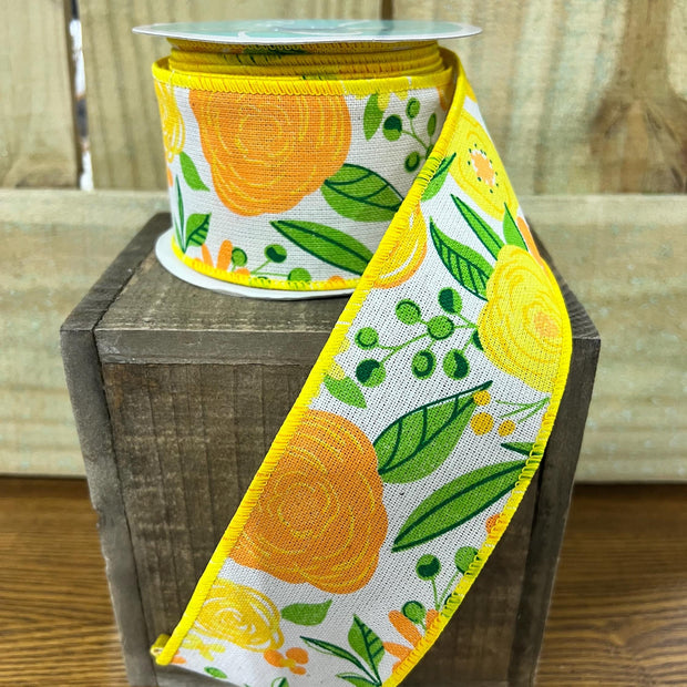 2.5" x 10Y orange and yellow floral Wired Ribbon, wreath making supplies, Spring ribbon, Easter ribbon, RGA1685J8 - MBcraftssupplyco