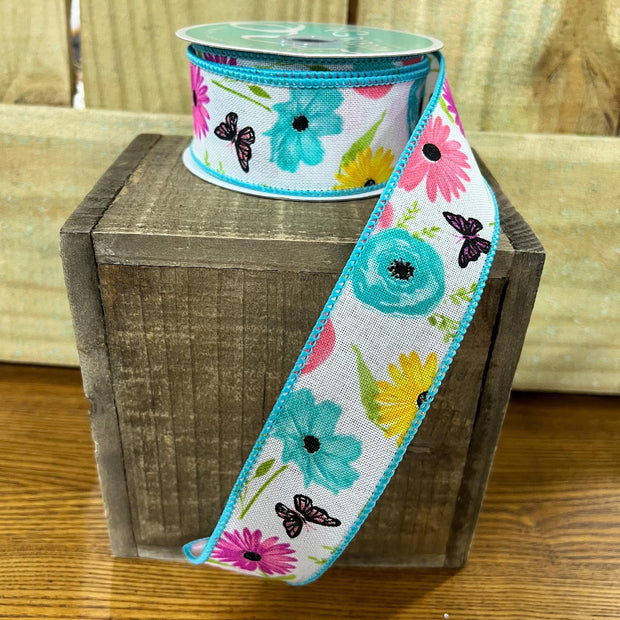 1.5" x 10Y wildflower Wired Ribbon, wreath making supplies, Spring ribbon, floral ribbon, RGA1749XK - MBcraftssupplyco