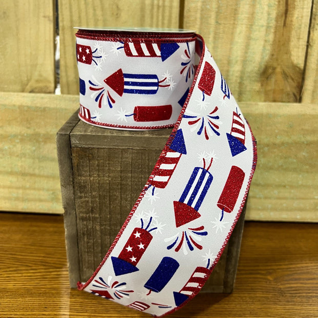 2.5" x 10Y patriotic stars firecracker Ribbon, wreath making supplies, Patriotic ribbon, RGE120027 - MBcraftssupplyco