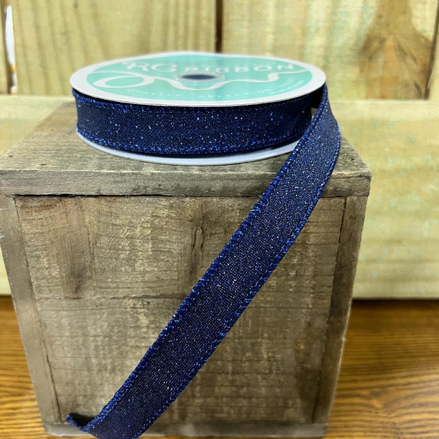 5/8"by 10y navy blue glitter Wired Ribbon, wreath making supplies, everyday ribbon, patriotic ribbon, RGF109619 - MBcraftssupplyco
