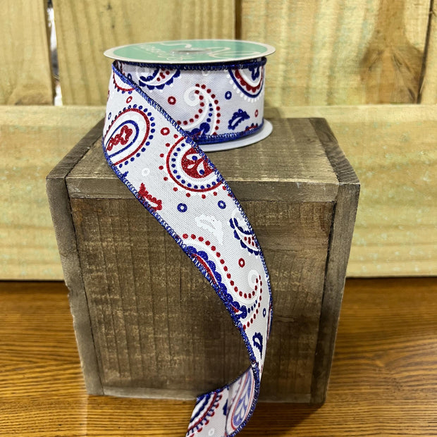 1.5" x 10Y patriotic paisley Wired Ribbon, wreath making supplies, Patriotic ribbon, RGC138127 - MBcraftssupplyco