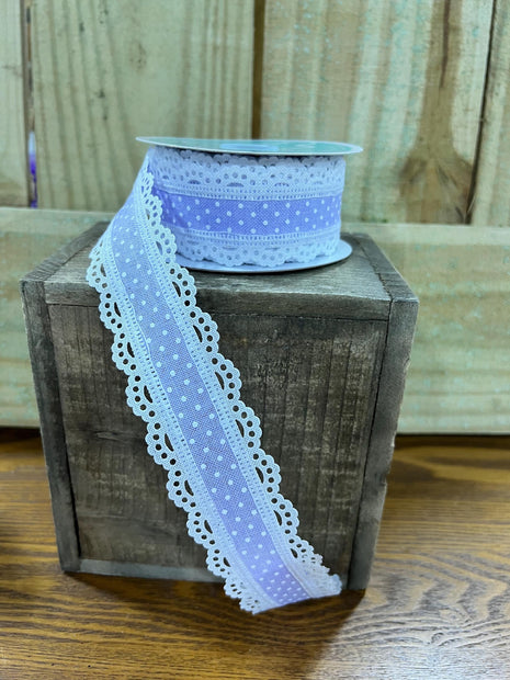 1.5" x 10Y lavender Swiss dot with lace Wired Ribbon, wreath making supplies, Spring ribbon, Easter ribbon, RG08869NR - MBcraftssupplyco