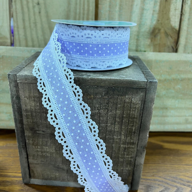 1.5" x 10Y lavender Swiss dot with lace Wired Ribbon, wreath making supplies, Spring ribbon, Easter ribbon, RG08869NR - MBcraftssupplyco