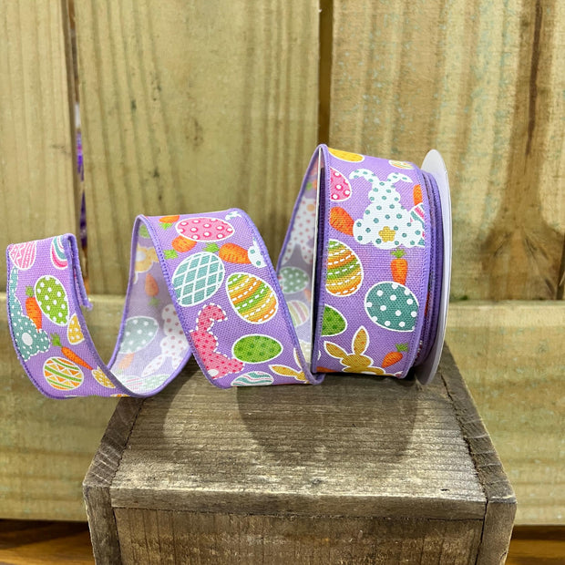 1.5" x 10Y purple Easter bunnies and eggs Wired Ribbon, wreath making supplies, Spring ribbon, Easter ribbon, RGF155313 - MBcraftssupplyco