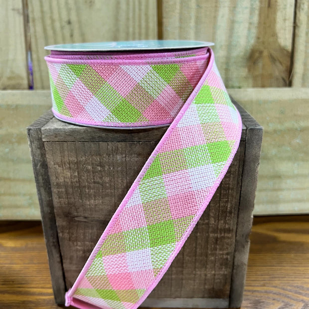1.5" x 10Y pastel diagonal woven check fused backing Wired Ribbon, wreath making supplies, Spring ribbon, Easter ribbon, RGX011215 - MBcraftssupplyco