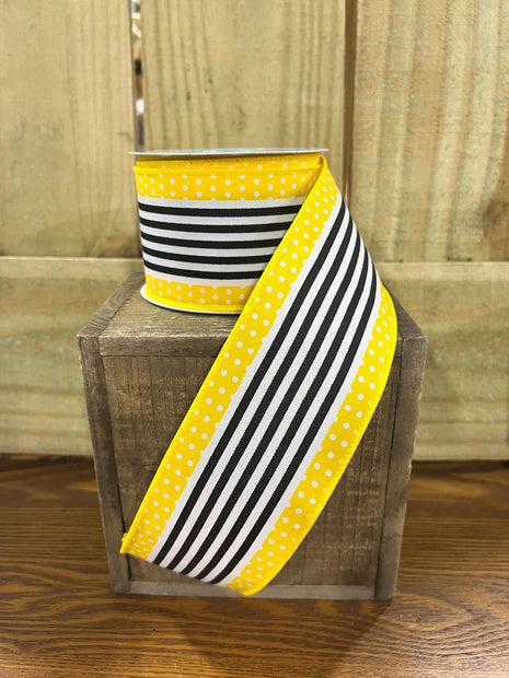 2.5" x 10Y yellow and black dot/ stripe Wired Ribbon, wreath making supplies, black ribbon, bumblebee ribbon, RGF1301CJ - MBcraftssupplyco