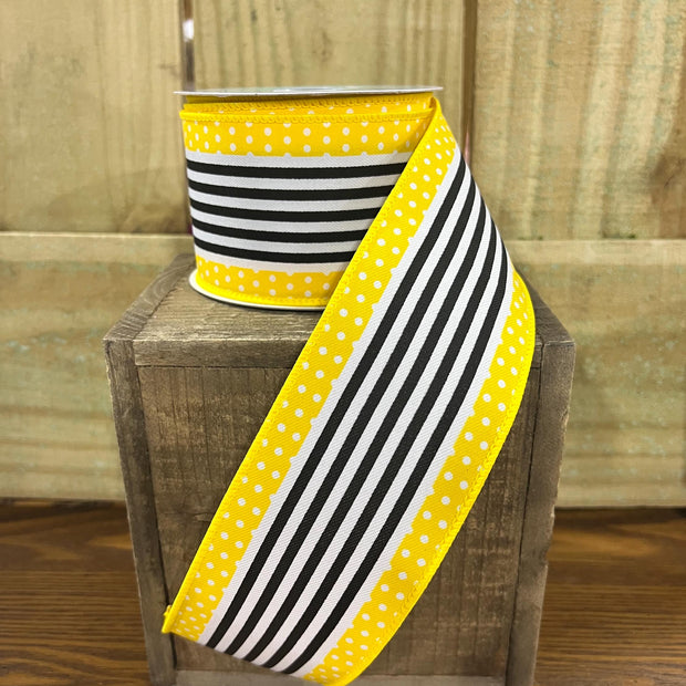2.5" x 10Y yellow and black dot/ stripe Wired Ribbon, wreath making supplies, black ribbon, bumblebee ribbon, RGF1301CJ - MBcraftssupplyco