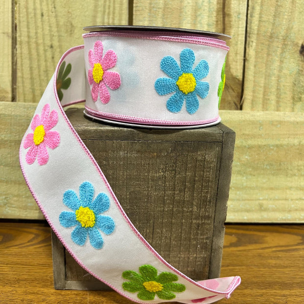 Embroidered spring Daisy 2.5 by 10Y wired ribbon, Farrisilk designer ribbon, Daisy flower ribbon, RK584-14 - MBcraftssupplyco
