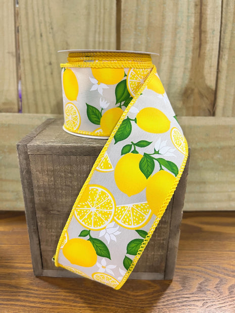 2.5" x 10Y lemon Wired Ribbon, wreath making supplies, summer ribbon, RGC1659C2 - MBcraftssupplyco