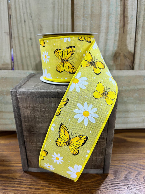 2.5" x 10Y butterfly and daisy Wired Ribbon, wreath making supplies, Spring ribbon, Easter ribbon, RGC198529 - MBcraftssupplyco