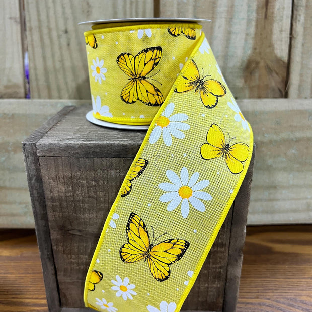 2.5" x 10Y butterfly and daisy Wired Ribbon, wreath making supplies, Spring ribbon, Easter ribbon, RGC198529 - MBcraftssupplyco