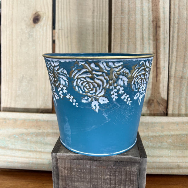 Teal floral embossed planter , floral arrangement container, Easter decor, plant pot - MBcraftssupplyco