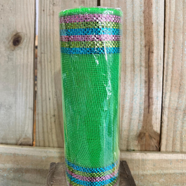 10" x 10Y green with pastel foil boarder stripe mesh , wreath making supplies, summer design materials, RY8504H5 - MBcraftssupplyco