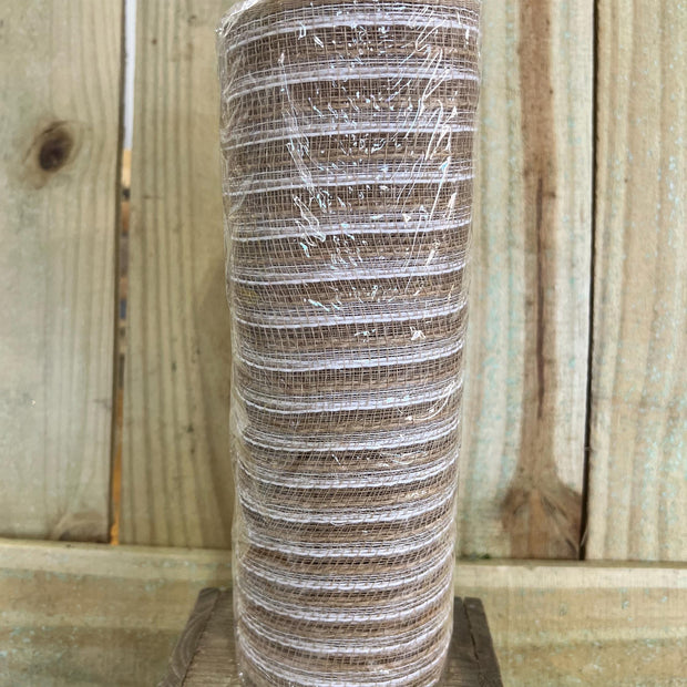 10" x 10Y natural jute cream stripe mesh , wreath making supplies, spring design materials, RY800148 - MBcraftssupplyco