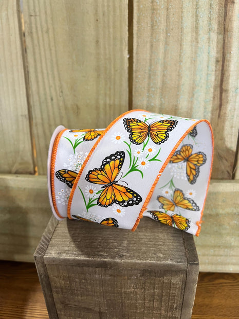 2.5" x 10Y monarch butterfly w/ daisy's Wired Ribbon, wreath making supplies, Spring ribbon, Easter ribbon, RGE150627 - MBcraftssupplyco