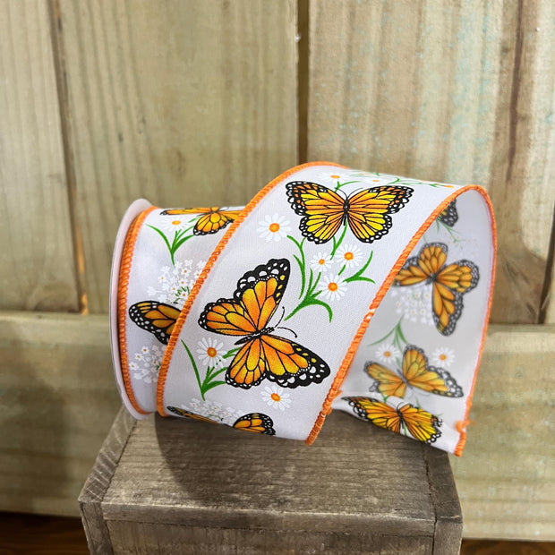 2.5" x 10Y monarch butterfly w/ daisy's Wired Ribbon, wreath making supplies, Spring ribbon, Easter ribbon, RGE150627 - MBcraftssupplyco