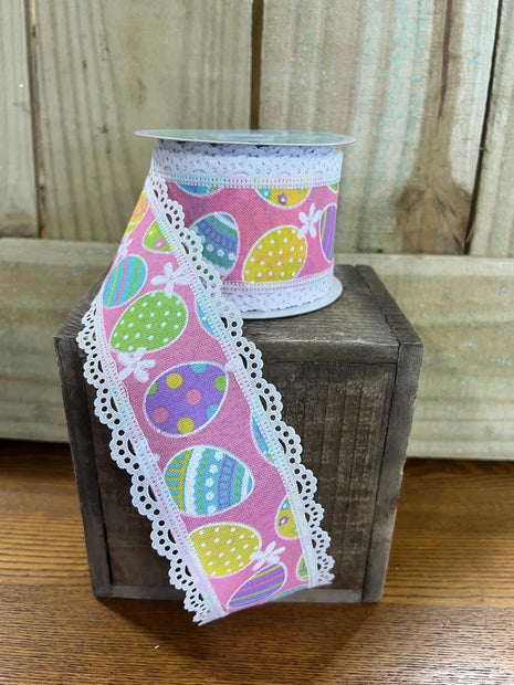 2.5" x 10Y Easter egg lace scallop edge Wired Ribbon, wreath making supplies, Spring ribbon, Easter ribbon, RGA155415 - MBcraftssupplyco