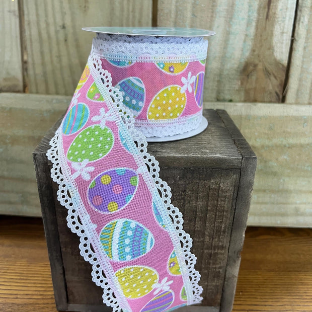 2.5" x 10Y Easter egg lace scallop edge Wired Ribbon, wreath making supplies, Spring ribbon, Easter ribbon, RGA155415 - MBcraftssupplyco