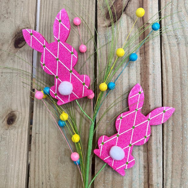 26" pink glitter Harlequin Bunny Spray , wreath embellishment, Easter decor, Easter Spray, 63595PK - MBcraftssupplyco