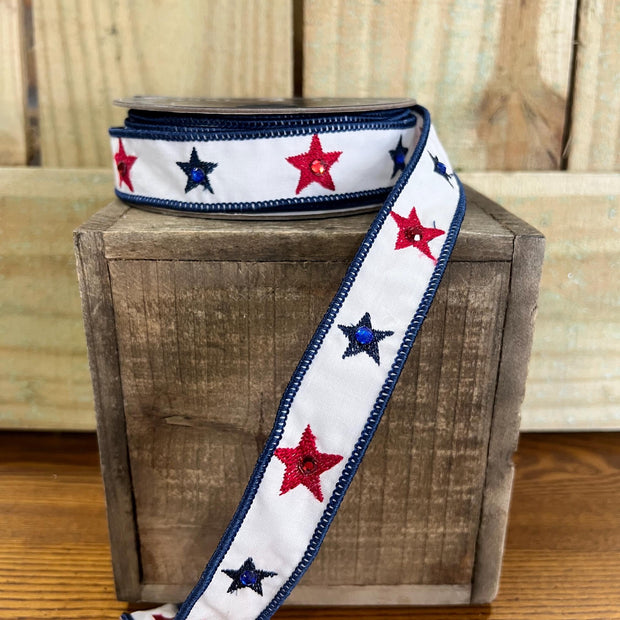 Patriot white embroidery stars with gems designer ribbon - 1" x 10y , Nancy brown ribbon, designer ribbon, Wreath making supply, 20-22145A - MBcraftssupplyco