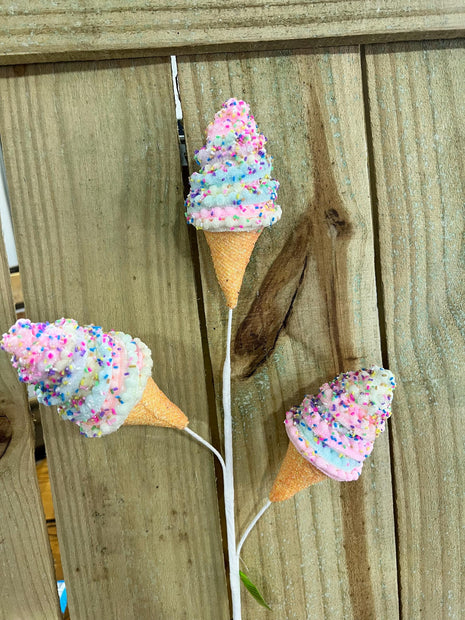 26" 3 set Pastel sprinkle Ice cream cones Pick , wreath embellishment, candy pick, summer spray, 63776MULTI - MBcraftssupplyco
