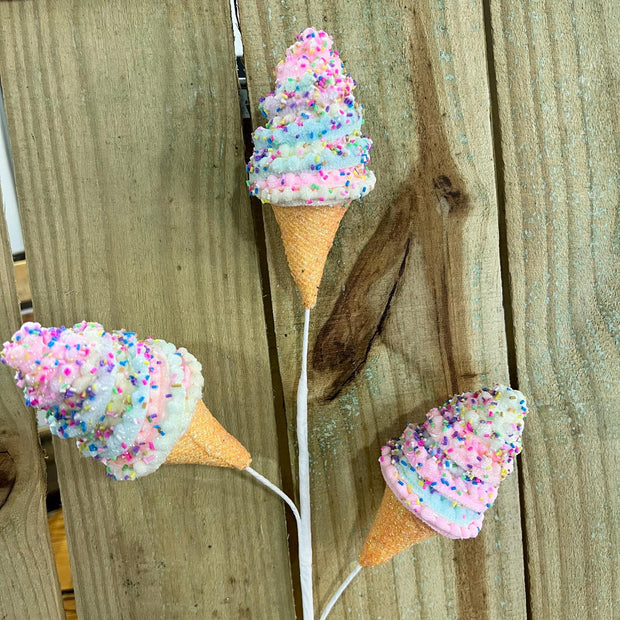 26" 3 set Pastel sprinkle Ice cream cones Pick , wreath embellishment, candy pick, summer spray, 63776MULTI - MBcraftssupplyco