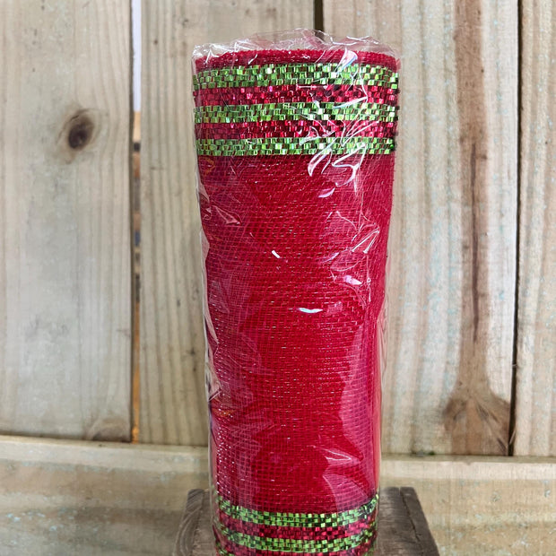 10" x 10Y red and green tinsel boarder stripe mesh , wreath making supplies, watermelon design materials, RE850334 - MBcraftssupplyco