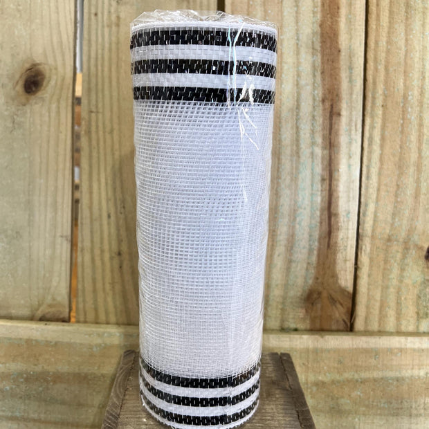 10" x 10Y white and black boarder stripe mesh , wreath making supplies, everyday design materials, RE8503F6 - MBcraftssupplyco