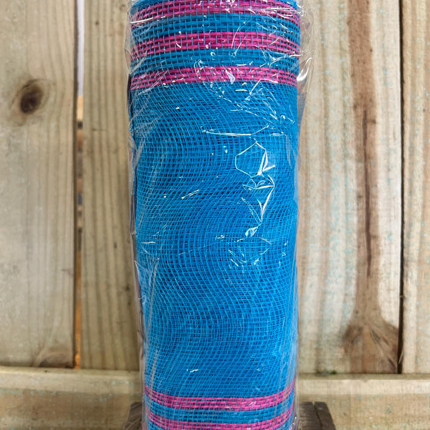 10" x 10Y turquoise and pink jute boarder stripe mesh , wreath making supplies, spring design materials, RY8325F9 - MBcraftssupplyco