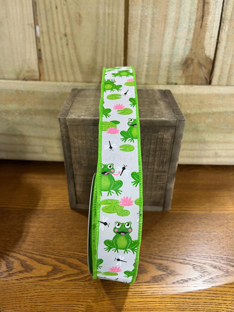 1.5" x 10Y green frog Wired Ribbon, wreath making supplies, summer ribbon, spring ribbon, RGC120827 - MBcraftssupplyco