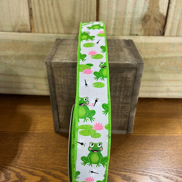 1.5" x 10Y green frog Wired Ribbon, wreath making supplies, summer ribbon, spring ribbon, RGC120827 - MBcraftssupplyco
