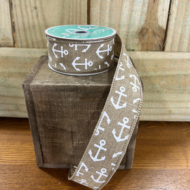 1.5" x 10Y tan anchor Wired Ribbon, wreath making supplies, summer ribbon, nautical ribbon, RGE115129 - MBcraftssupplyco