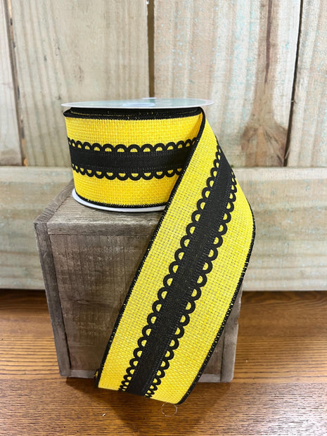 2.5" x 10Y yellow lace cross stripe Wired Ribbon, wreath making supplies, bee ribbon, spring ribbon, RG0810557 - MBcraftssupplyco