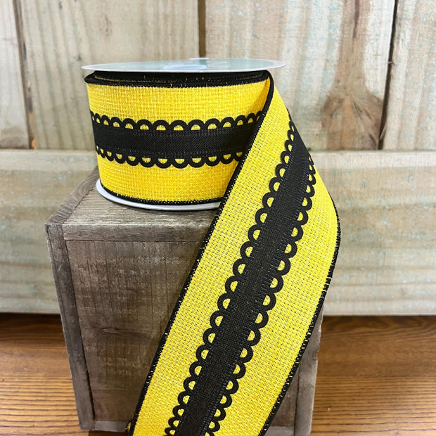 2.5" x 10Y yellow lace cross stripe Wired Ribbon, wreath making supplies, bee ribbon, spring ribbon, RG0810557 - MBcraftssupplyco