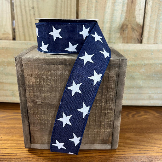 1.5" x 10Y navy blue patriotic Stars Wired Ribbon, wreath making supplies, Patriotic ribbon, RGA111519 - MBcraftssupplyco