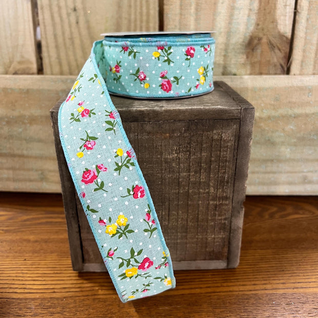 1.5" x 10Y mint green vintage floral stripe Wired Ribbon, wreath making supplies, summer ribbon, RG01953YR - MBcraftssupplyco