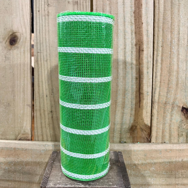 10" x 10Y lime green and white vertical wide stripe mesh , green mesh, wreath making supplies, wreath design materials, RE8903XM - MBcraftssupplyco