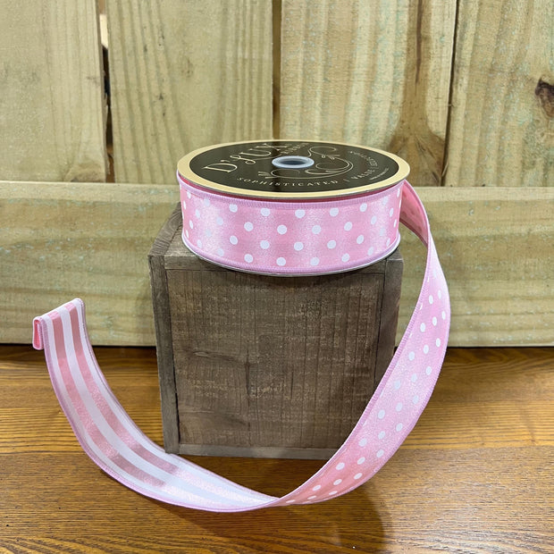 1.5” by 10y light pink dot/stripe designer ribbon, pink ribbon, designer ribbon, Wreath making supply, LX305522 - MBcraftssupplyco