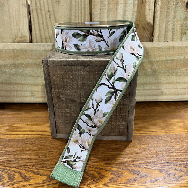 1.5" x 10y Magnolia fused designer ribbon , D Lux ribbon, designer ribbon, Wreath making supply, LX101427 - MBcraftssupplyco