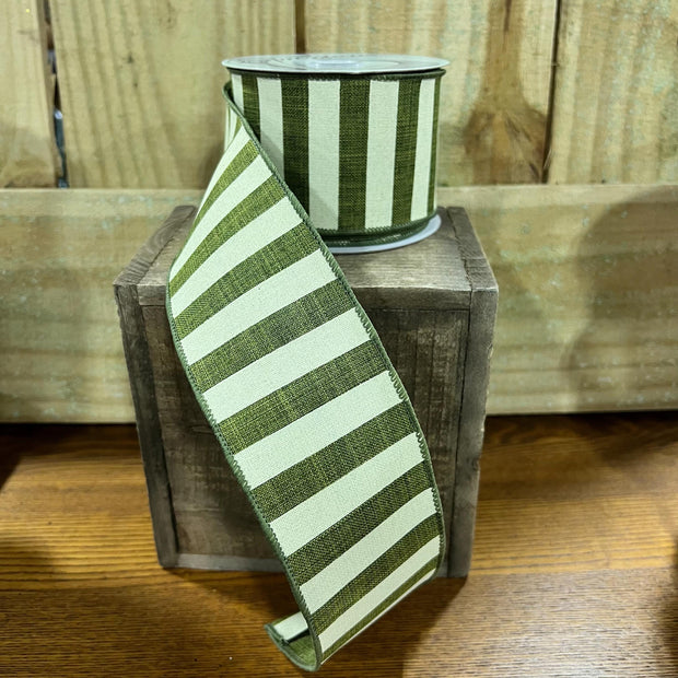 2.5" x 10Y moss green stripe Wired Ribbon, wreath making supplies, everyday ribbon, green ribbon, RX9149TW - MBcraftssupplyco