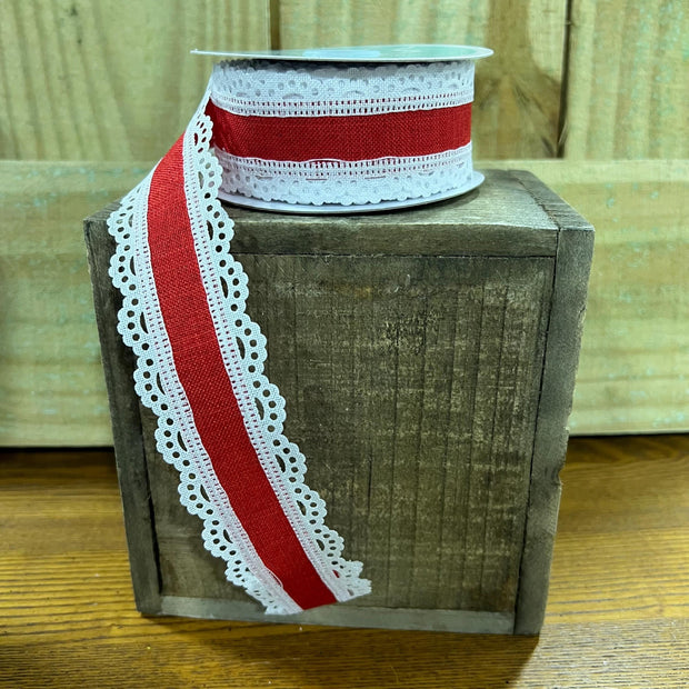 1.5" x 10Y red with white scallop Wired Ribbon, wreath making supplies, summer ribbon, patriotic ribbon, RGA1541W7 - MBcraftssupplyco