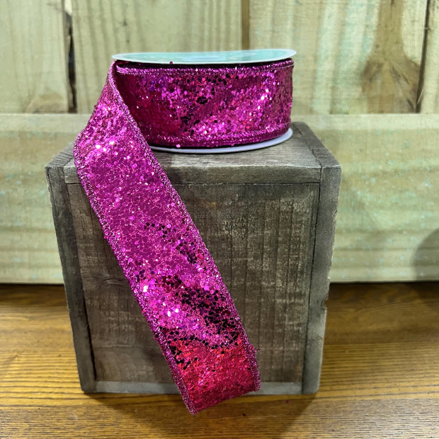 1.5" x 10Y pink chunky glitter Wired Ribbon, wreath making supplies, summer ribbon, pink ribbon, RGA130007 - MBcraftssupplyco