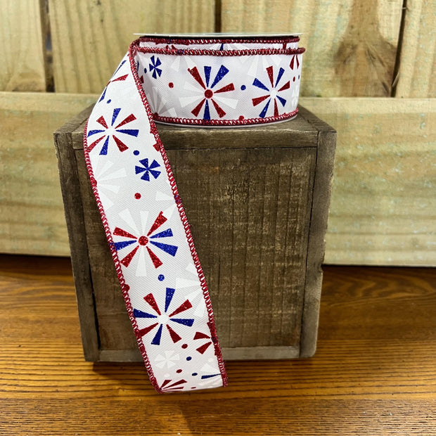 1.5" x 10Y patriotic pinwheels Wired Ribbon, wreath making supplies, Patriotic ribbon, RGE115527 - MBcraftssupplyco