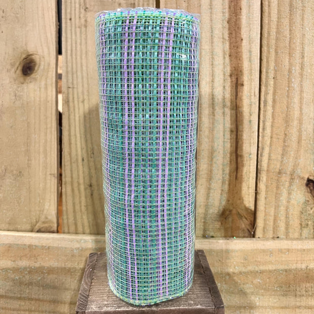 10" x 10Y teal and lavender wide stripe mesh , wreath making supplies, spring design materials, RE8902WK - MBcraftssupplyco