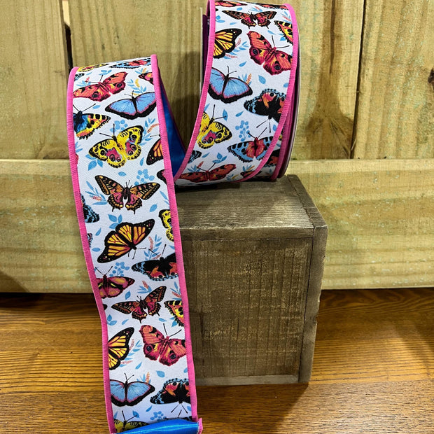 2.5" x 10y Butterfly fused designer ribbon , D Lux ribbon, designer ribbon, Wreath making supply, LX1059RT - MBcraftssupplyco