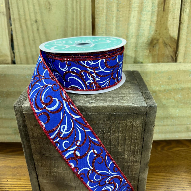 1.5" x 10Y patriotic glitter swirl Wired Ribbon, wreath making supplies, Patriotic ribbon, RGF132825 - MBcraftssupplyco