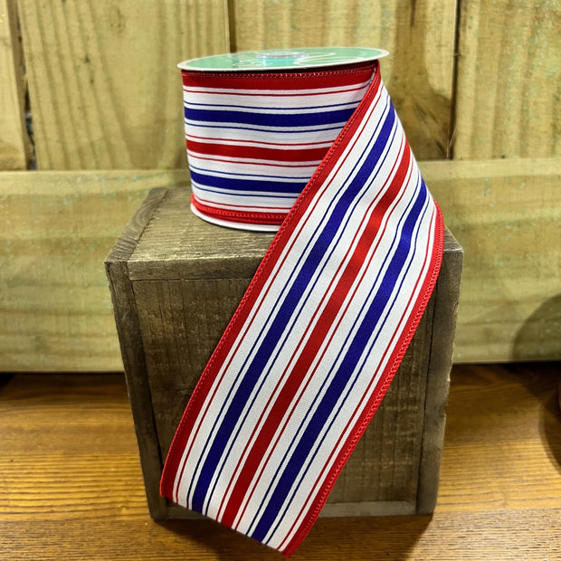 2.5" x 10Y patriotic stripe Wired Ribbon, wreath making supplies, Patriotic ribbon, RGE1957A1 - MBcraftssupplyco