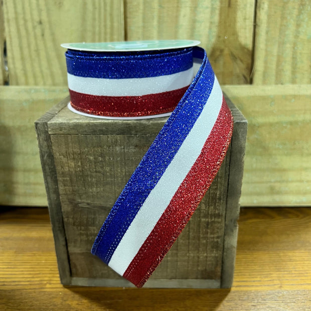 1.5" x 10Y patriotic glitter stripe Wired Ribbon, wreath making supplies, Patriotic ribbon, RGA8219A1 - MBcraftssupplyco
