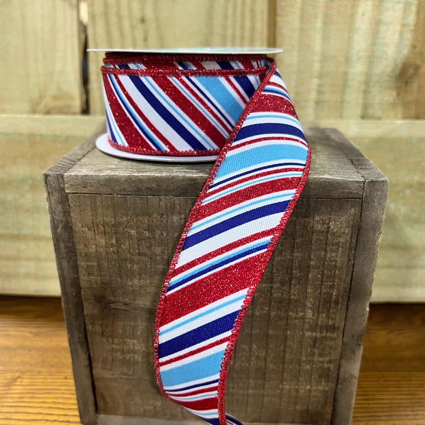 1.5" x 10Y patriotic glitter diagonal stripe Wired Ribbon, wreath making supplies, Patriotic ribbon, RGE1824KY - MBcraftssupplyco